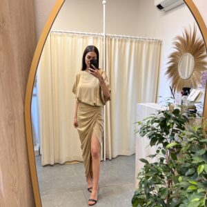 Keten Dokulu Drapeli Elbise